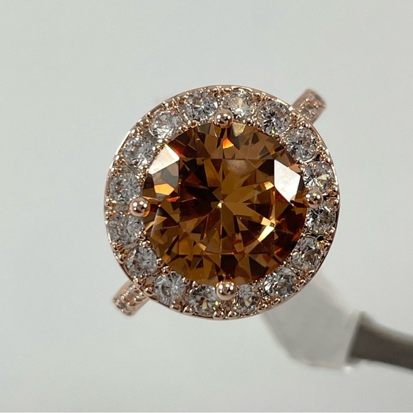 Beautiful Round Cut Halo Statement Champagne Diamond CZ Rose Gold Tone Ring